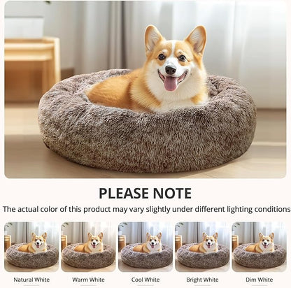 JOLLYVOGUE Dog Beds for Medium Dogs, Anti-Anxiety Washable Round Bed, Calming Donut Dog Cat Bed for Puppy Bed, Fluffy Dog Beds for Medium Dogs, Round Puppy Bed for Indoor Pet (28"/Smoke Brown