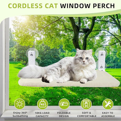 Cat Window Perch, Foldable Cat Window Hammock Sunbathing and Climbing Cats Hammock for Window Bed Bearing 40 Pounds Window Perch for Cats Inside 2-in-1 Reversible Cover (Beige)