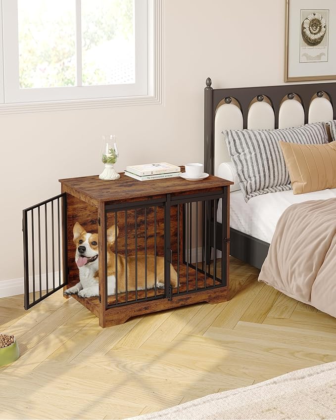 Dog Crate Furniture, 32" Double Door Dog Crate with Barn Door, Dog Kennel Indoor, End Side Table Wooden Dog Crates for Small Medium Large Dogs, Anti-Chew Anti-Escape, Rustic Brown DFC83601B