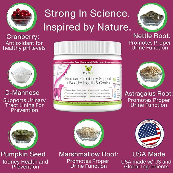 EcoBark Natural Urinary Tract Cranberry Supplements for Dogs - Bladder Health & Kidney Support for Dogs - UTI Relief - Dog Bladder Control Chews - Dog Cranberry Soft Chews for Dog Incontinence Support