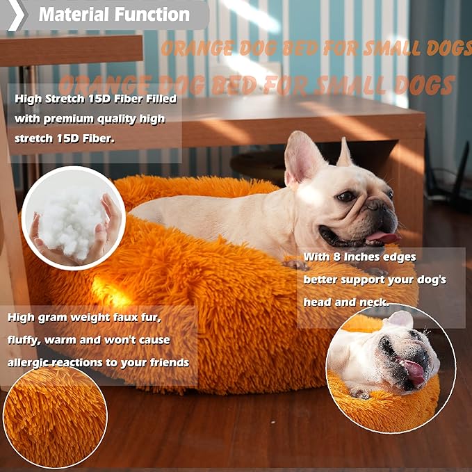 Dog Bed for Calming Dog 23 Inches Orange Anti-Anxiety Donut Puppy Bed for Small Medium Dogs Washable Fuzzy Dog Bed Fits up to 25 lbs Pets Beds for Small Dog