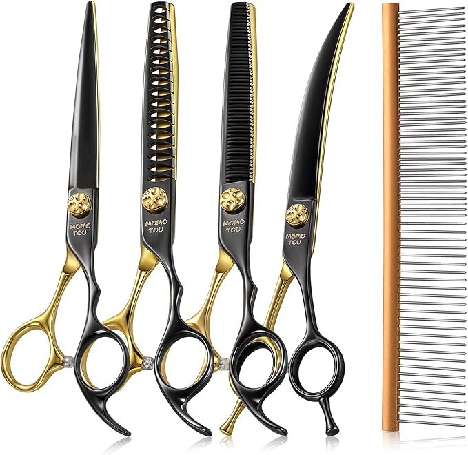 7'' Black & Gold Dog Grooming Scissors Set with Comb Curved Thinning Chunker Straight Shears 4PCS in Scissors Bag 440C Stainless Steel Sharp and Durable for Groomers and Beginners.