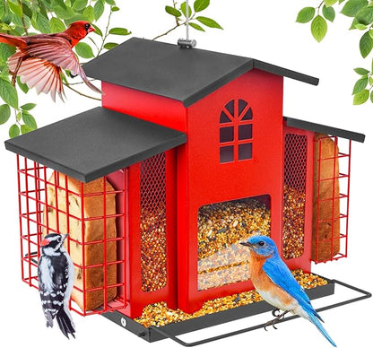 Large Bird Feeders for Outdoors Hanging,Metal Bird Feeder with Double Suet Cage Cake,Sturdy & Weatherproof,Easy to Clean & Refill,4.6Lbs Large Capacity, Great for Attracting Wild Birds,Red