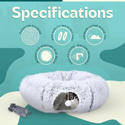 Cat Tunnel Bed for Indoor Cats with Premium Soft Fabric Interior - Upgraded Materials - Large Donut Cat Tunnel, Cat Cave and Hiding Spot, Kitten Doughnut Tunnel, Tunnel Toy Bundle for Cats