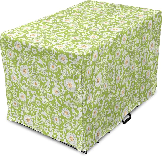 Ambesonne Botanical Dog Crate Cover, Abstract Pattern with Floral Details Spring Beauty Blossom, Easy to Use Pet Kennel Cover for Cats & Medium Dogs, 30 Inch, Apple Green Pale Orange