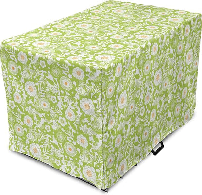 Ambesonne Botanical Dog Crate Cover, Abstract Pattern with Floral Details Spring Beauty Blossom, Easy to Use Pet Kennel Cover for Cats & Medium Dogs, 30 Inch, Apple Green Pale Orange