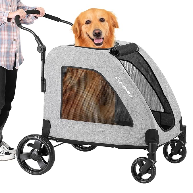EchoSmile XL Extra Large Dog Stroller - Adjustable Handles,Lightweight Folding Pet Stroller,All-Terrain 4 Wheel for 2 Medium Dogs,Dual Entry Safety Dog Stroller,Capacity 160 lbs,Gray