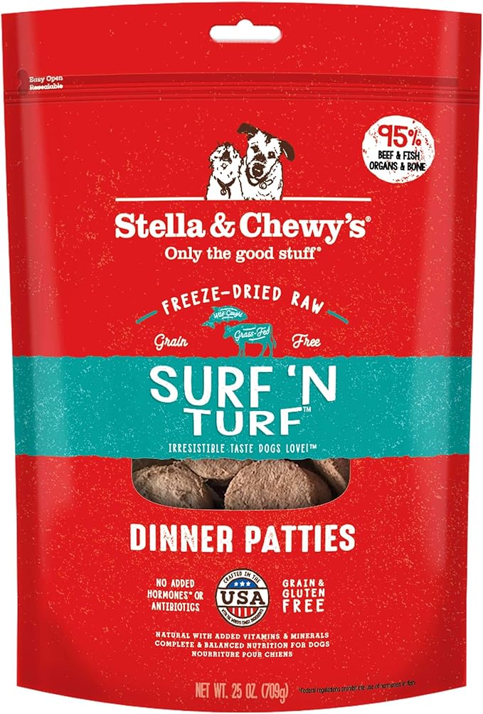 Stella & Chewy's Freeze Dried Raw Dinner Patties  Grain Free Dog Food, Protein Rich Surf _ Turf Salmon & Beef Recipe  25 oz Bag