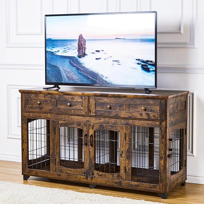 2 Rooms Dog Crate Furniture for Big Breed,58" Wooden Dog Crate Table with 2 Drawers,Indoor Dog Kennel,Dog House,Dog Cage,TV Stand (Brown)