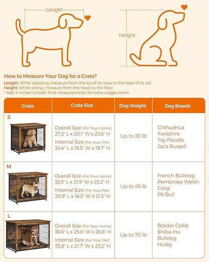Feandrea Dog Crate Furniture, 38.6" Side End Table, Modern Kennel for Dogs Indoor up to 70 lb, Heavy-Duty Dog Cage with Multi-Purpose Removable Tray, Double-Door Dog House, Rustic Brown UPFC003X01