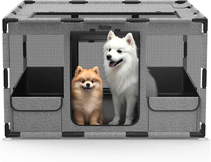 Dog Playpen, 43x43x26 Inches Puppy Playpen Portable Pet Play Pen Indoors with Cover and Gate, Tear Resistant Thickened Fabric Waterproof Bottom Breathable Mesh Dog Fence for Indoor&Outdoor, Gray Black