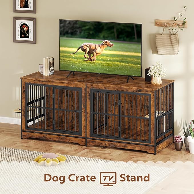 Rovibek 78 Double Dog Crate Furniture for 2 Large Dogs Indoor, Wooden Furniture Dog Crates with Dog Bowl, Dog Kennel Furniture TV Stand Large Breed Brown