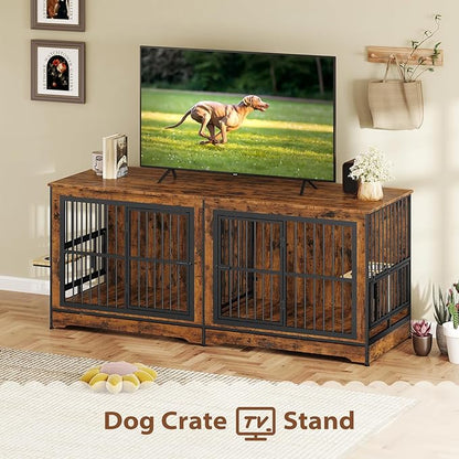 Rovibek 78 Double Dog Crate Furniture for 2 Large Dogs Indoor, Wooden Furniture Dog Crates with Dog Bowl, Dog Kennel Furniture TV Stand Large Breed Brown