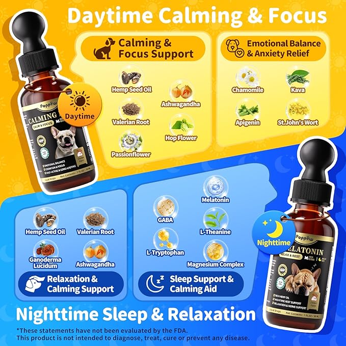 Hemp & Melatonin Calming Drops for Dogs – Day & Night Calming Treat for Anxiety Relief, Stress, Aggression, Separation, Relaxation & Sleep Aid, Chicken Flavor, 2 FL Oz