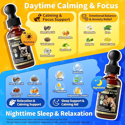 Hemp & Melatonin Calming Drops for Dogs – Day & Night Calming Treat for Anxiety Relief, Stress, Aggression, Separation, Relaxation & Sleep Aid, Chicken Flavor, 2 FL Oz