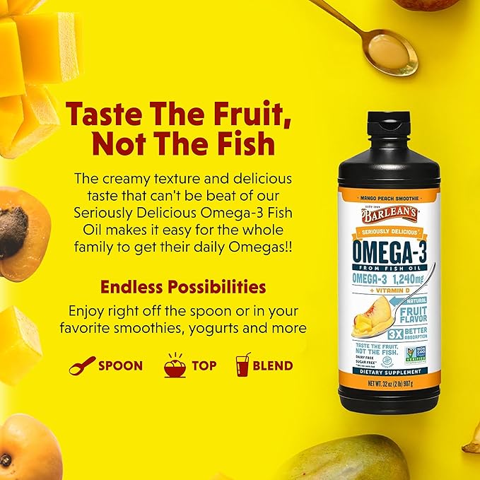 Barlean's Mango Peach Omega 3 Fish Oil Liquid Supplement with Vitamin D, 1080mg EPA & DHA Fatty Acid, Smoothie Flavored & Burpless for Brain, Joint, & Heart Health, 32 oz