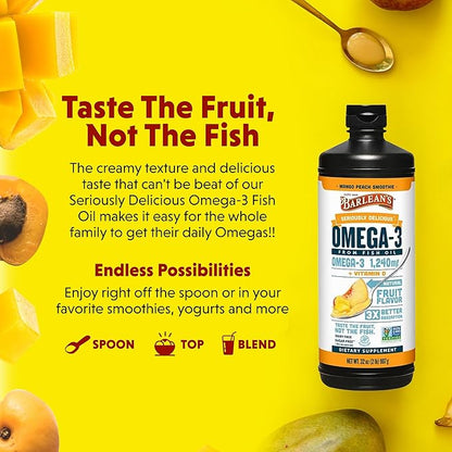Barlean's Mango Peach Omega 3 Fish Oil Liquid Supplement with Vitamin D, 1080mg EPA & DHA Fatty Acid, Smoothie Flavored & Burpless for Brain, Joint, & Heart Health, 32 oz