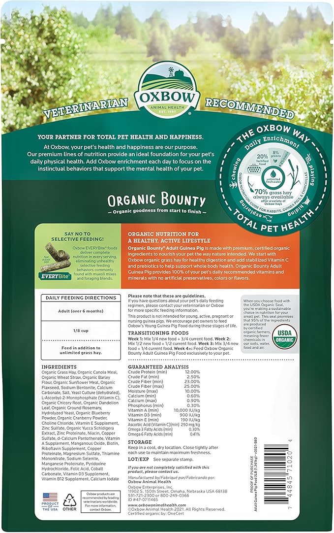 Oxbow Organic Bounty Guinea Pig Food, Adult Guinea Pig, Made with Oxbow Timothy Hay, USDA Organic Pet Food Pellets with Vitamin C, Small Animal Pet Products, Made in USA, High Fiber, 3 lb. bag