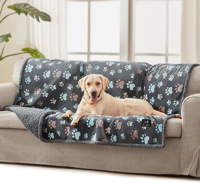 Luciphia Waterproof Pet Blankets for Couch Sofa Bed Cover Liquid Pee Proof Washable Soft Fluffy Large Dog Blanket Reversible Furniture Protection Grey Paw Thicken Largeï¼65" x 57"ï¼