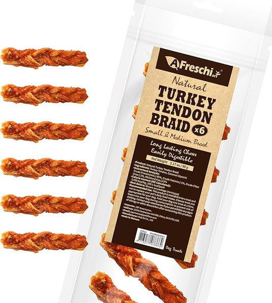 Afreschi Turkey Tendon for Dogs, Medium Braid 3.17 oz, USA-Sourced Turkey, All Natural Human Grade Dog Chew, Hypoallergenic, Rawhide Alternative, Dog Treats for Small & Medium Breeds
