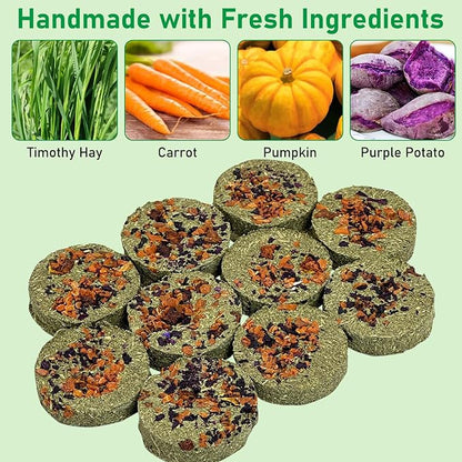 Fhiny 24 PCS Rabbit Chew Toys, Natural Timothy Hay Carrot Pumpkin Purple Potato Biscuit Cubes Bunny Chew Treats for Teeth Care Small Animals Molar Snacks for Hamster Guinea Pig Chinchilla Rat