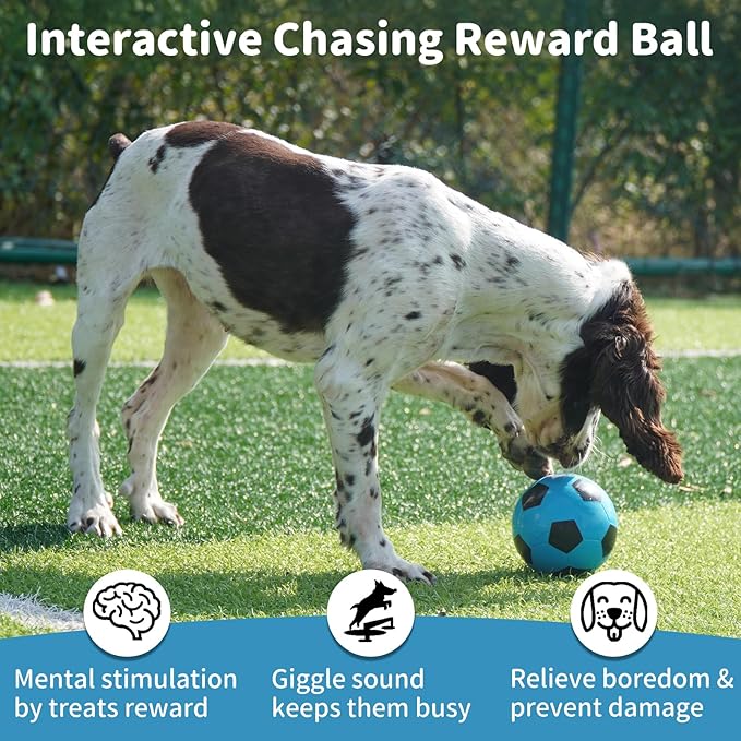 Interactive Dog Toys Treat Dispensers - Giggle Squeaky Dog Soccer Ball Rewards Puzzle to Keep Them Busy, Mental Stimulation Enrichment Food Dispensing for Small Medium Large Breeds, Blue
