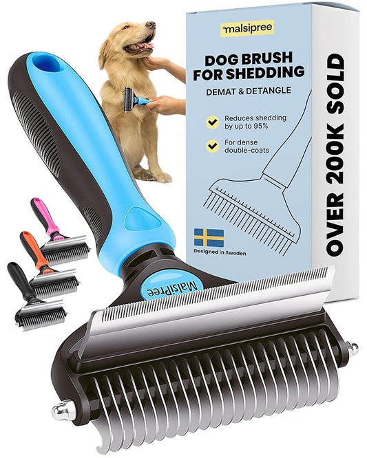 MalsiPree Dog Brush for Shedding - Large, Blue, 2-in-1 - Deshedding Dog Grooming Brush & Undercoat Rake with Dematting Comb for medium to Large Double Coated