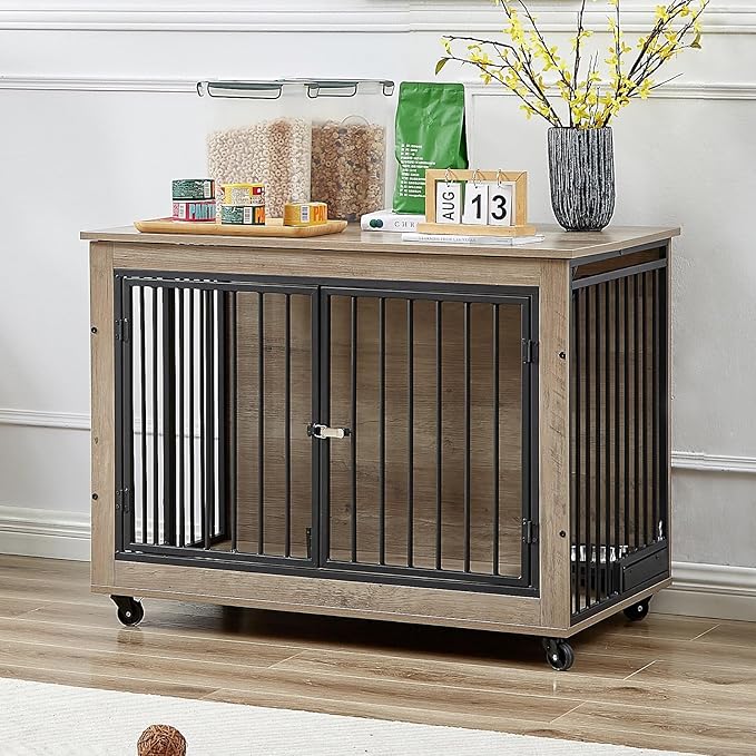 Dog Crate Furniture Heavy Duty Dog Kennel, 38 inch Indoor Double Doors Dog Cage for Small/Medium Dogs Up to 65lb, Decorative Dog Cage End Table with Rotatable Feeding Bowl