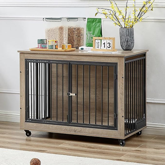 Dog Crate Furniture Heavy Duty Dog Kennel, 38 inch Indoor Double Doors Dog Cage for Small/Medium Dogs Up to 65lb, Decorative Dog Cage End Table with Rotatable Feeding Bowl