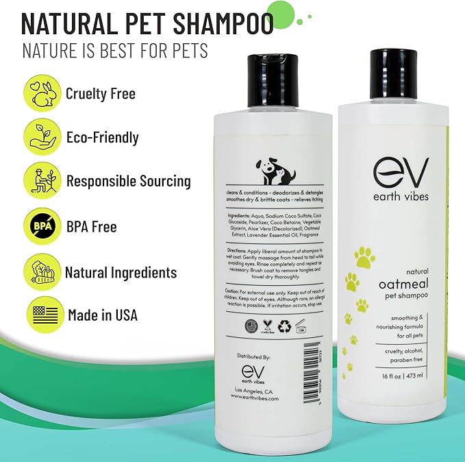 Earth Vibes Natural Oatmeal Dog & Cat Pet Shampoo & Conditioner, Dry Itchy Skin Relief for Dogs, Cats & Pets, Calming Aloe Vera, Made in USA, 16oz