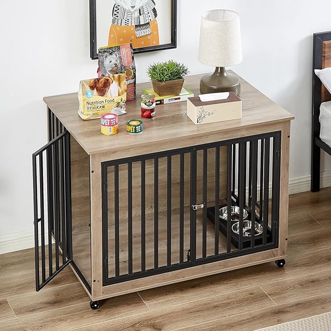 Dog Crate Furniture, Dog House Indoor with Feeding Bowl and Wheels, Wood Dog Crate Dog Kennels Decorative Dog Crate for Small Medium Dogs Grey 43.7" W x 30" D x 33.7" H One Size