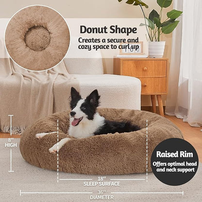 OhGeni Calming Donut Dog Bed Pillow, Machine Washable Plush Waterproof Zipper Cover, Anti-Slip Round Comfort Pet Bed, Pillow Design Cozy Warming Fluffy Fur Bed for Medium Large Dogs, Ocher, 36 inches