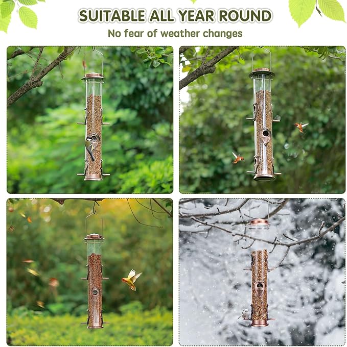 MIXXIDEA 2PK Metal Wild Bird Feeder Squirrel Proof for Outside Hanging - 6 Port Tube Transparent Finch Feeder With Steel Hanger (Antique Copper)