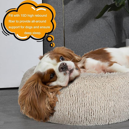 Small Dog Bed Calming Dogs Bed for Small Medium Large Dogs Anti-Anxiety Puppy Bed Machine Washable Warming Cozy Soft Pet Round Bed Fits up to 10-100 lbs (Medium (Pack of 1), Beige)