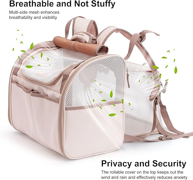FUKUMARU Cat Backpack Carrier, Expandable Small Pet Carriers for Cats with 4 Pockets, Hiking Travel Carrier Bag for Small Animal, Airline Approved Cat Carrier with Rollable Cover for Nervous Cat, Pink
