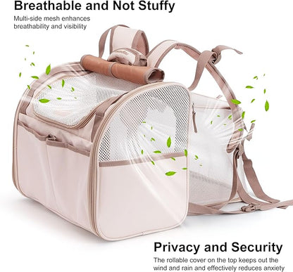 FUKUMARU Cat Backpack Carrier, Expandable Small Pet Carriers for Cats with 4 Pockets, Hiking Travel Carrier Bag for Small Animal, Airline Approved Cat Carrier with Rollable Cover for Nervous Cat, Pink
