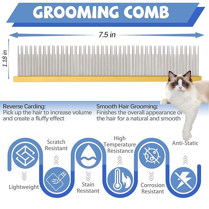 8.5 Inch Dual Tooth Pet Comb for Mats and Tanglesï¼_rofessional Grooming Flea Comb Removing Excess Hair for Long-Haired Cats and Dog Kit,Prevent Undercoat, Excess Hair,Mats and Tangles,Pet Essential