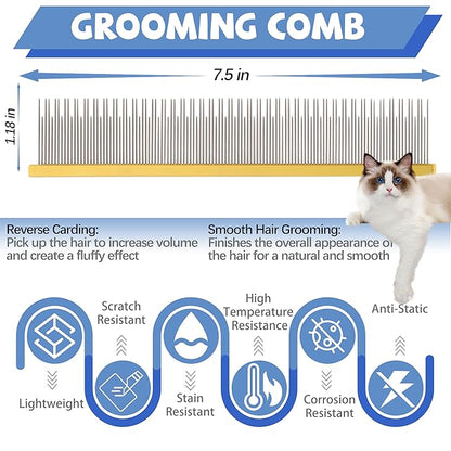 8.5 Inch Dual Tooth Pet Comb for Mats and Tanglesï¼_rofessional Grooming Flea Comb Removing Excess Hair for Long-Haired Cats and Dog Kit,Prevent Undercoat, Excess Hair,Mats and Tangles,Pet Essential