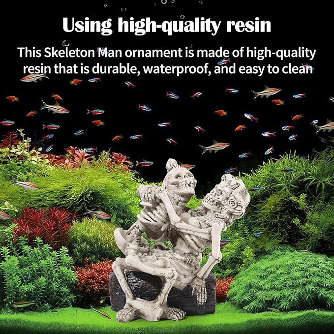 Enchanting Aquarium Decor - 4.8" H Resin Hugging Skeletons Ornament for Fish Tanks - Unique Underwater Gothic Theme - Ideal for Halloween, Aquatic Lovers, and Collectors