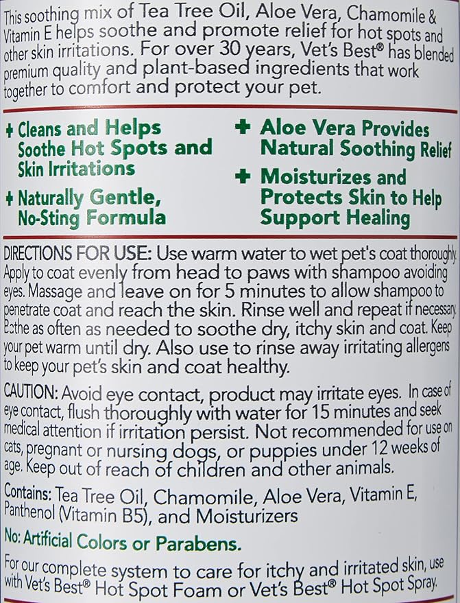 Vet's Best Hot Spot Itch Relief Shampoo for Dogs - Relieves Dog Dry Skin, Rash, Scratching, Licking, Itchy Skin, and Hot Spots - 16 Ounces