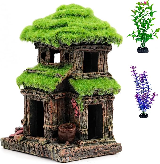 Fish House - Aquarium Decoration with Lifelike Moss, Comes with 2x Artificial Plants