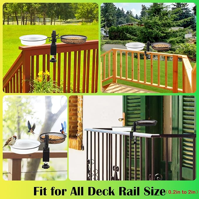 Deck Bird Feeders with Metal Mesh Tray and 2 Water Bowls - Detachable Adjustable Heavy Duty Clamp Bracket, Rail Bird Bath Balcony Porch Railing Feeder Perfect for Attracting Birds.