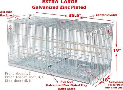 Lot-2 Extra Large 35.5"x18"x19"H No Rust Stainless Galvanized Zinc Stackable Breeder Bird Flight Cage Side Breeding Nest Box Door Removable Divider with Removable Rolling Stand