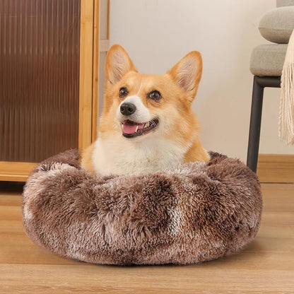 NOYAL Calming Donut Dog Bed for Small to Medium Dogs & Cats - Plush Faux Fur Anti-Anxiety Pet Bed with Machine Washable Cover & Non-Slip Base