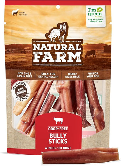 Natural Farm Odor Free Bully Sticks (4 Inch, 10 Pack) for Small & Medium Dogs - 100% Beef Chews for Pups, Non-GMO, Grain-Free, Fully Digestible Long Lasting Dog Treats