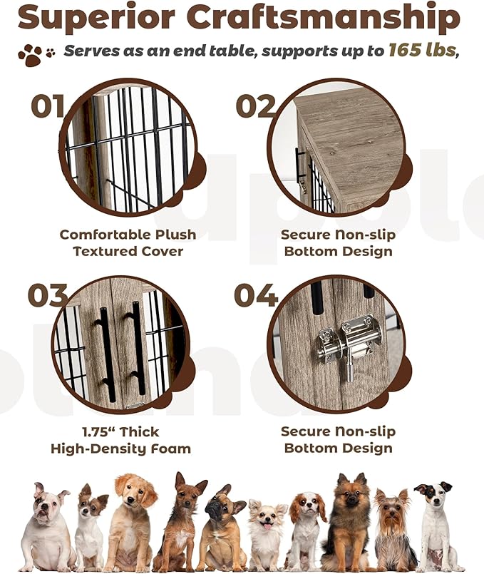 Dog Crate Furniture, 32 inch Medium Dog Crates with Bed Mat, Wooden Dog Kennel Furniture, End Side Table Dog Cage with 3 Doors, Greige