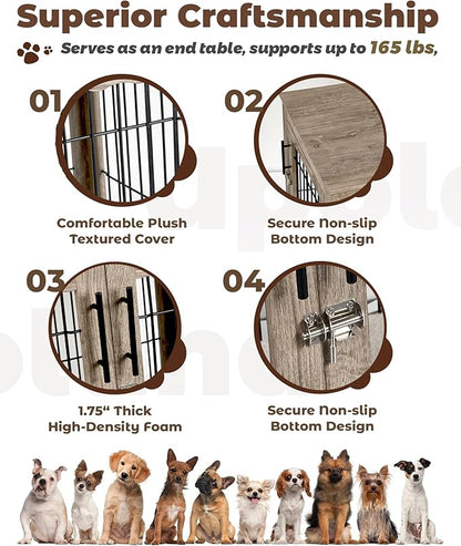 Dog Crate Furniture, 32 inch Medium Dog Crates with Bed Mat, Wooden Dog Kennel Furniture, End Side Table Dog Cage with 3 Doors, Greige