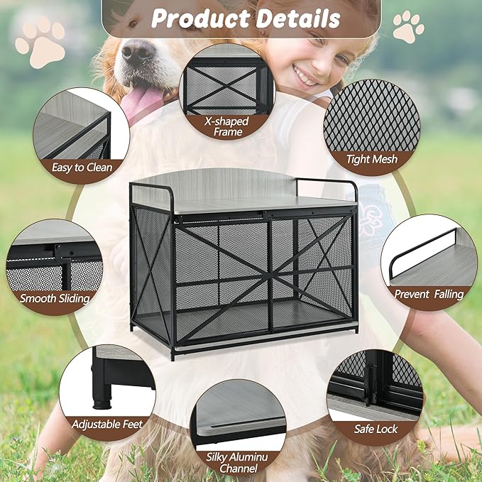 Merax 42.8" Heavy Duty Large Dog Crate Furniture for Large Medium Dog, Farmhouse Wooden Dog Kennel Indoor End Table, Decorative Pet House for Dogs, Gray