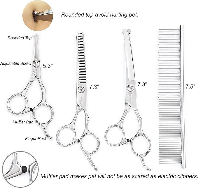 Dog Grooming Scissors Kit, Safety Round Tip, Heavy Duty Stainless Steel Dog Scissors and Dog Nail Clippers for Grooming Full Body
