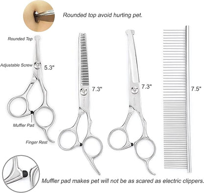 Dog Grooming Scissors Kit, Safety Round Tip, Heavy Duty Stainless Steel Dog Scissors and Dog Nail Clippers for Grooming Full Body